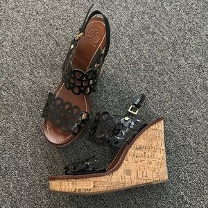 Tory Burch Black Wedge Sandals with Cork Sole
